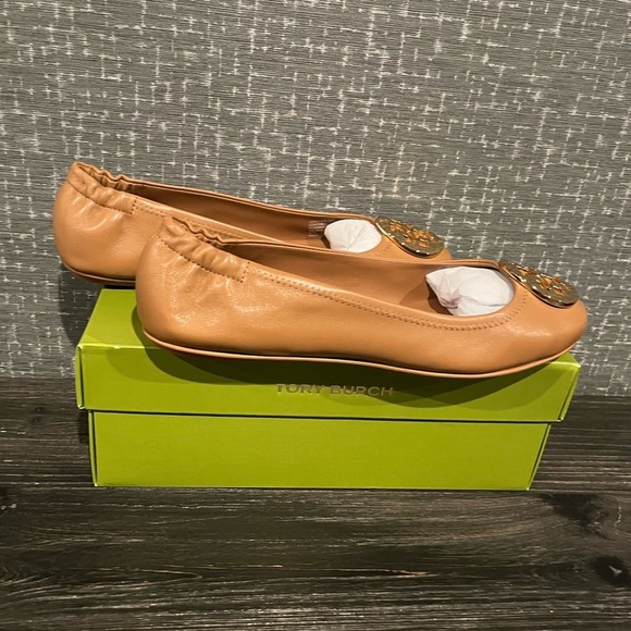 NIB Tory Burch MINNIE TRAVEL LEATHER BALLET Flat Shoe Royal Tan Gold 8 - Picture 6 of 10